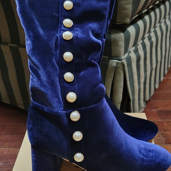 Bluivy Shoes - BLUE VELVET OVER KNEE BOOTS